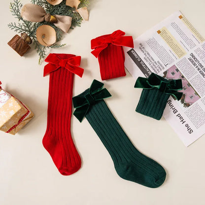 Kids Christmas Girls Socks Autumn Winter Toddlers Red Bowknot Baby Knee High Long Sock Soft Cotton Children Socken For 0-5 Years