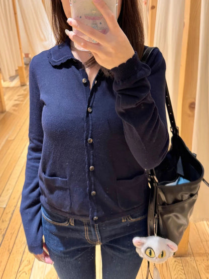 Pockets Twist Flower Knitted Sweater Cardigan O-Neck Single Breasted Long Sleeve Slim Sweaters Vintage Streetwear Gray Crop Tops