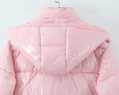 New Winter Fashion Women Bright Light Blue Zipper Up Bread Parka Coat Woman Stand Collar Removable Hooded Long Sleeve Outerwear