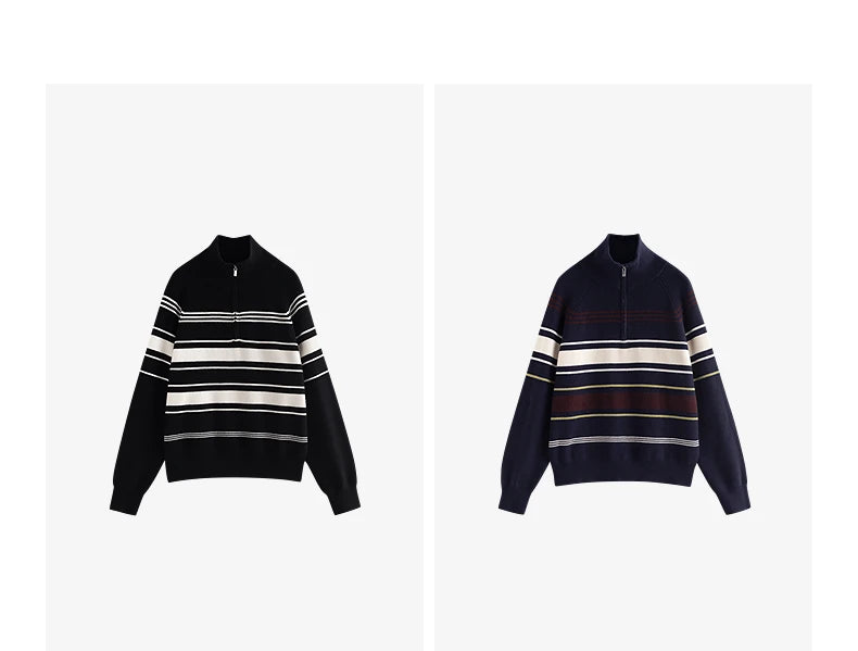 TOYOUTH Women Knitted Sweater 2026 Autumn New Fashionable Style Striped Zipper High Collar Woolen Pullover Sweater Tops
