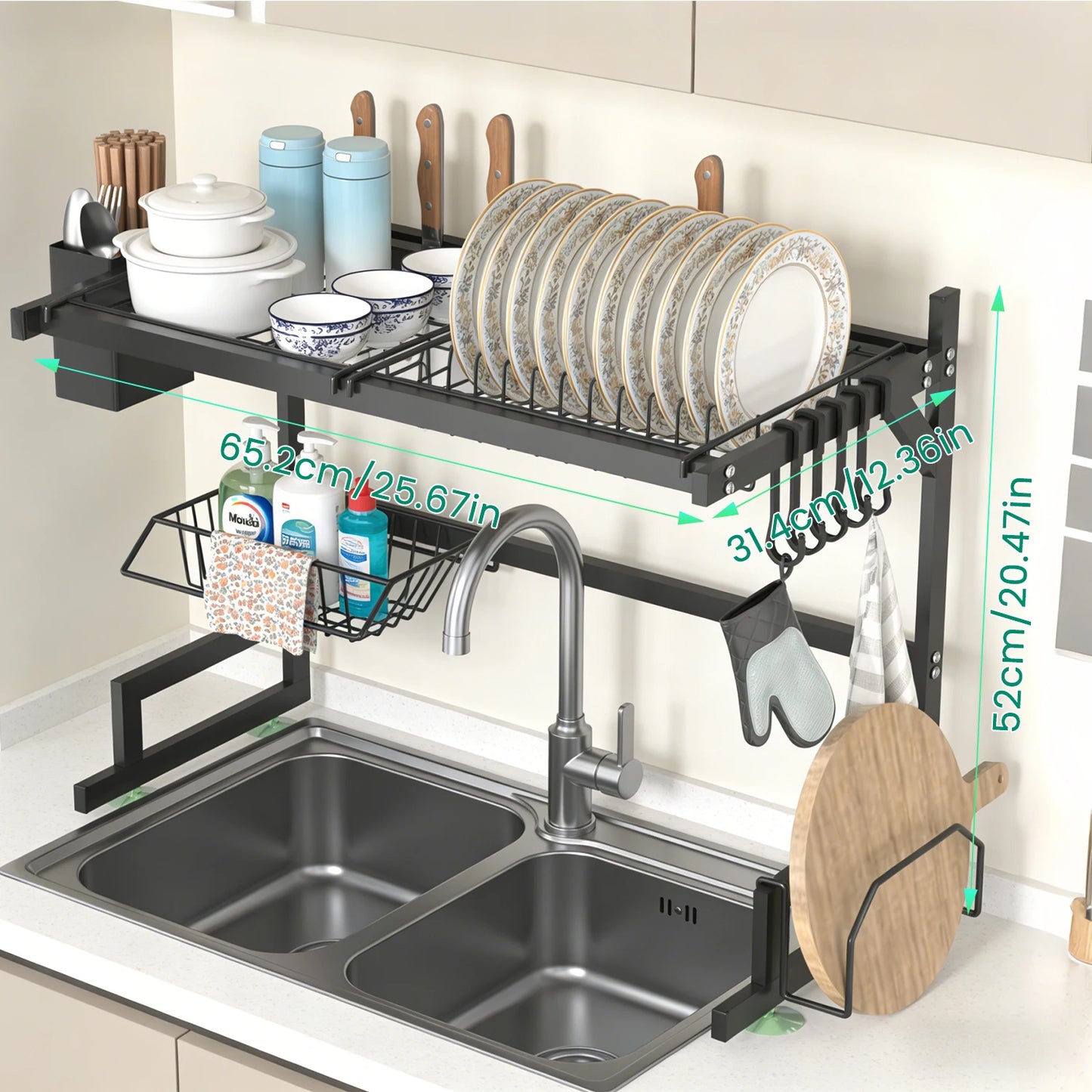 Dish Rack Above Sink - Two Tier Kitchen Draining Rack with Utensil Holder, Large Capacity