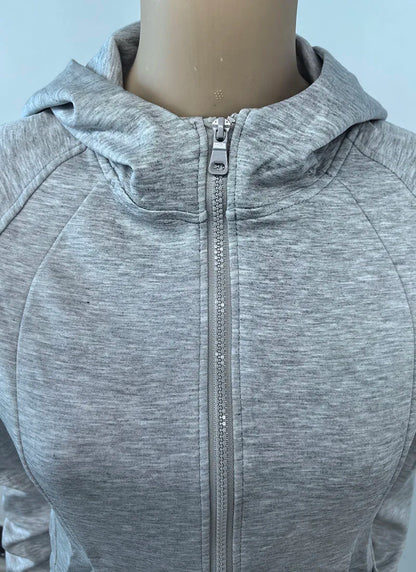 Gray Zipper Hooded Sweatshirt Women 2026 New Korean Slim Fit Cardigan Long Sleeve Coat Woman Solid Pockets Sports Hoodies Jacket