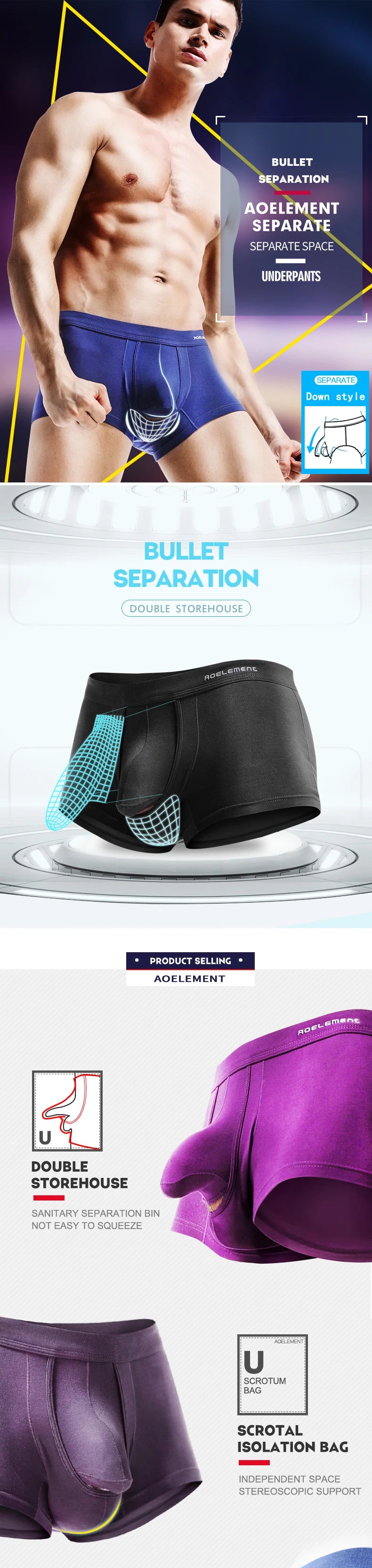 Gun-bullet separation underwear for men, scrotal support venous bottom pants, ice silk bag, curved men's briefs