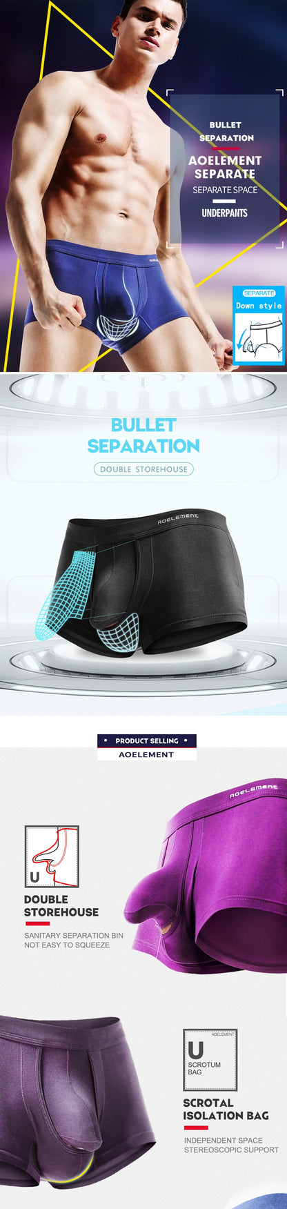 Gun-bullet separation underwear for men, scrotal support venous bottom pants, ice silk bag, curved men's briefs