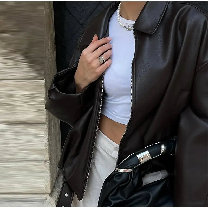 Vintage Leather Bomber Jacket – Women's PU Leather Zip Jacket With Belt & Patchwork Design