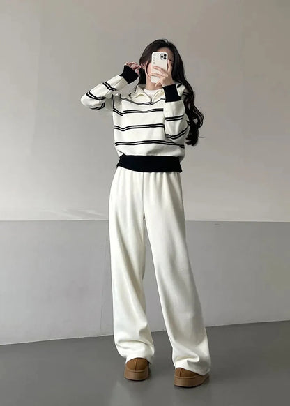 Korean Style Lazy Striped Zipper Color Block Long Sleeve Women's Soft Sweater Autumn Winter New Design Knitted Shirt