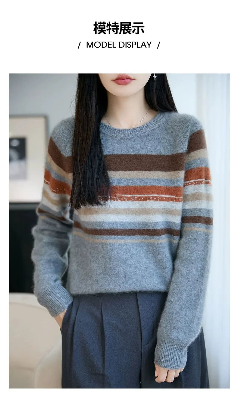 Autumn and winter 100% pure wool striped retro style round-neck wool knit women's long-sleeved versatile sweater top