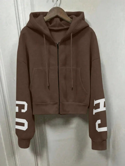 Women Y2K Crop Zip Up Hoodie Letter Print Oversized Long Sleeve Hooded Sweatshirt Casual Streetwear Short Jacket Outerwear