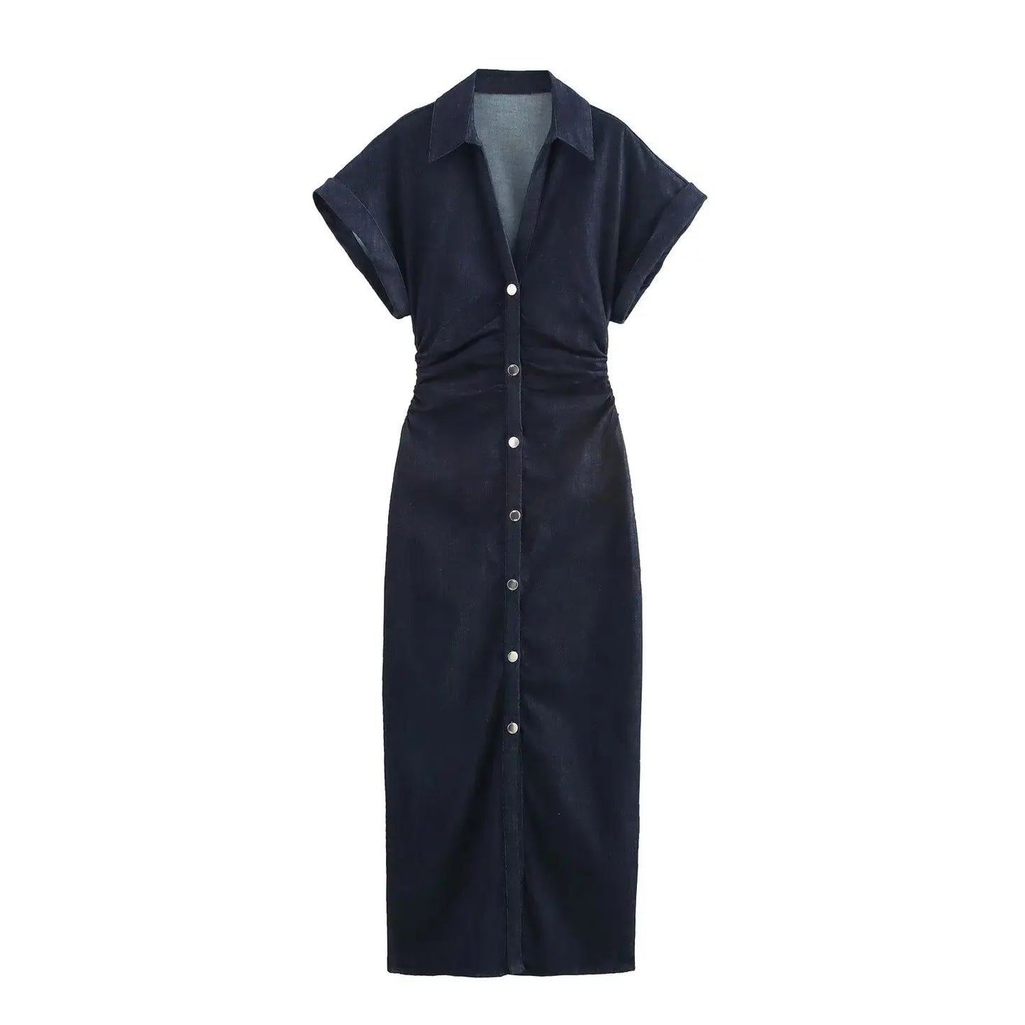 Denim Midi Dress – Slim Waist Ankle Length With Lapel Collar & Side Zipper