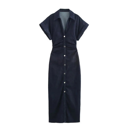 Denim Midi Dress – Slim Waist Ankle Length With Lapel Collar & Side Zipper