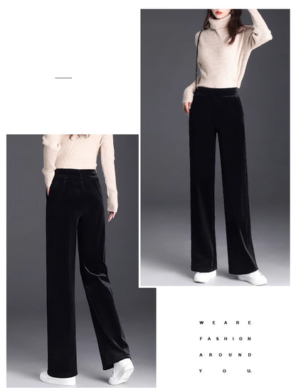 Korean style blue velvet wide leg pants for women in spring and autumn, high-end fashion, loose fit, plus size casual pants