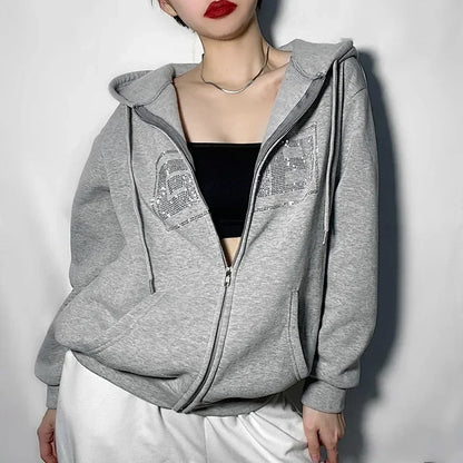New Rhinestone Letter Print Women Long Sleeve Sweatshirt Hoodies Zipper Loose Oversized Streetwear Casual 2024 Autumn Fall