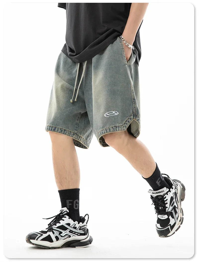 Baggy Denim Shorts - Men's Summer Casual Streetwear With Embroidery & Elastic Waist