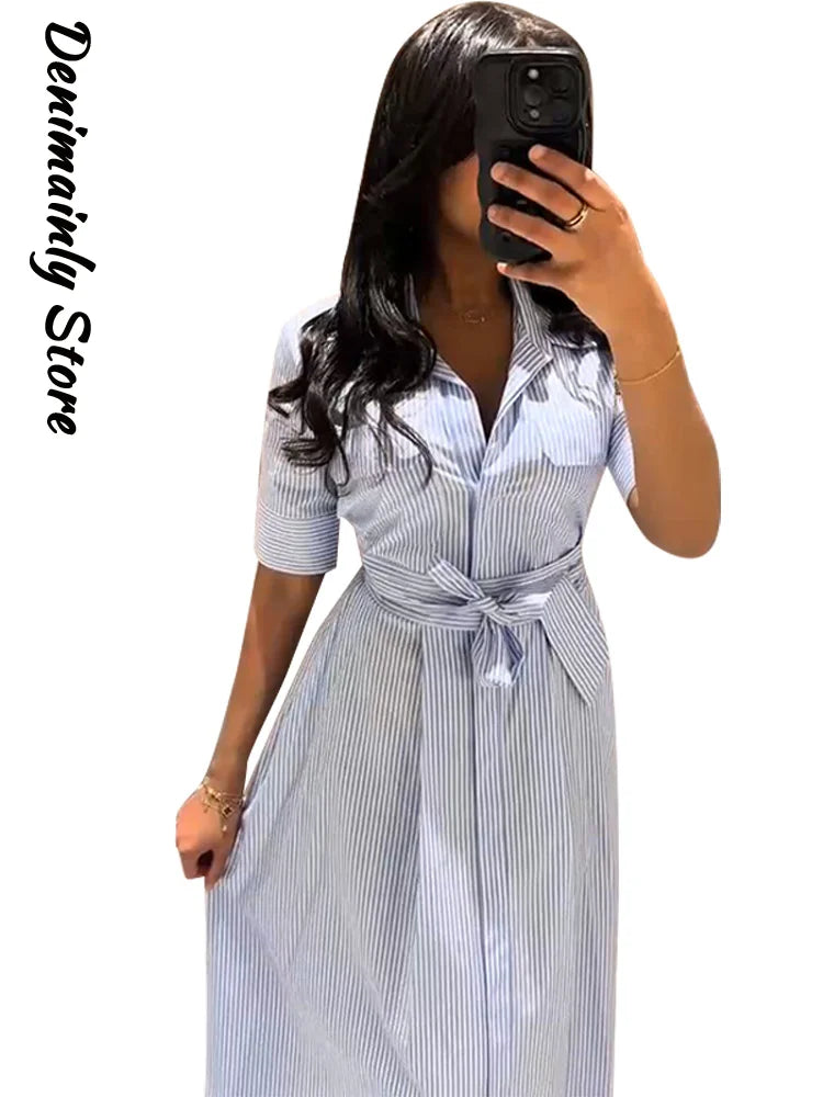 Women Summer Dress - Casual Striped Long Half Sleeve Slim Waist Mid-Calf Robe