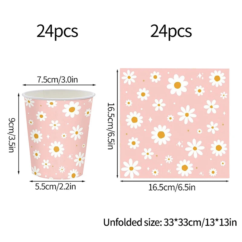 Pink Daisy Disposable Tableware Set - 24pcs Plates Napkins Straws for Birthday Baby Shower Wedding Decor
