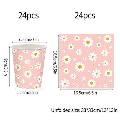Pink Daisy Disposable Tableware Set - 24pcs Plates Napkins Straws for Birthday Baby Shower Wedding Decor