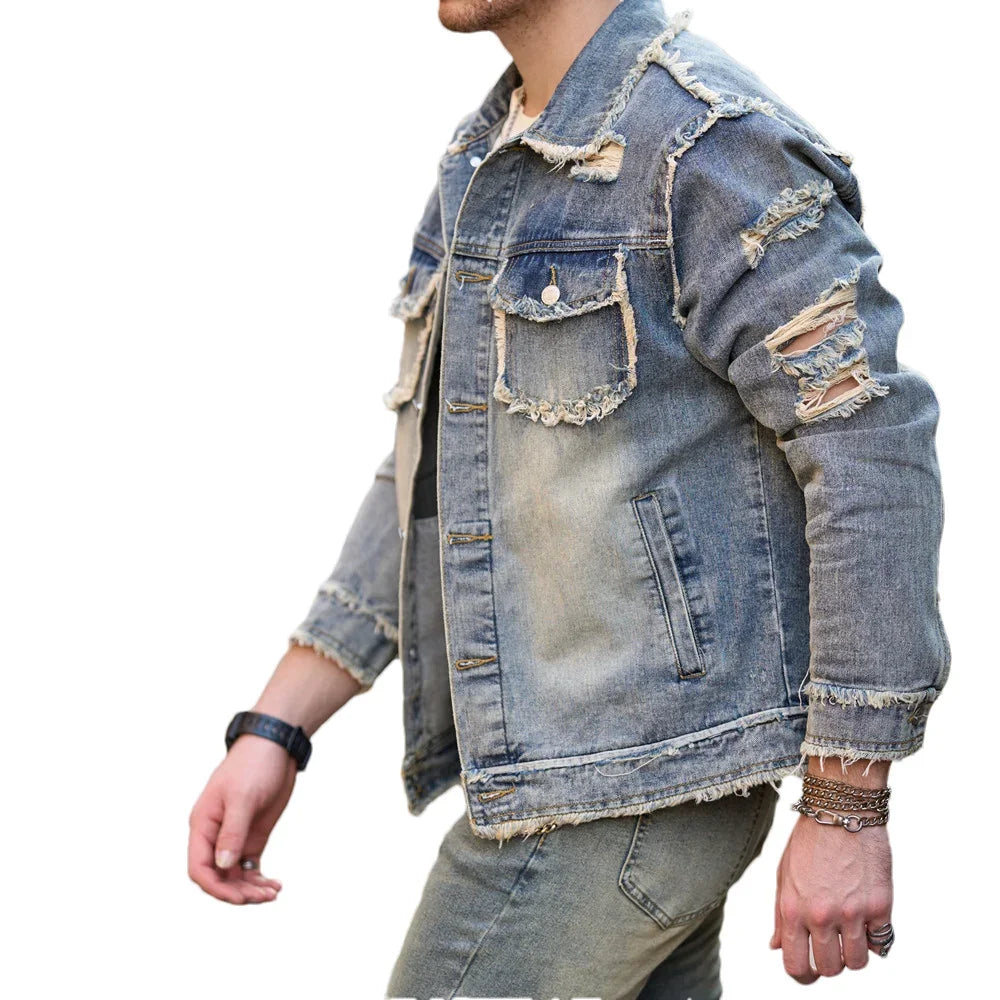 Street Stylish Retro Style Holes Slim Street Denim Jacket Coat Good Quality Distressed Male Casual Denim Jacket