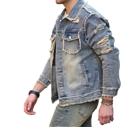 Street Stylish Retro Style Holes Slim Street Denim Jacket Coat Good Quality Distressed Male Casual Denim Jacket