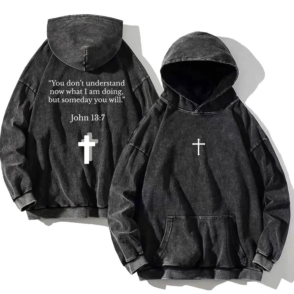 Vintage PSALM 91:11 Print Cotton Washed Hoodie Casual Hip Hop Men Women High Street Retro Hooded Sweatshirt Winter Pullover