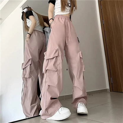 Plus Size Women Cargo Pants High Waist Solid Fashion Street Pant Vintage Drawstring Pocket Trousers Loose Casual Joggers Clothes