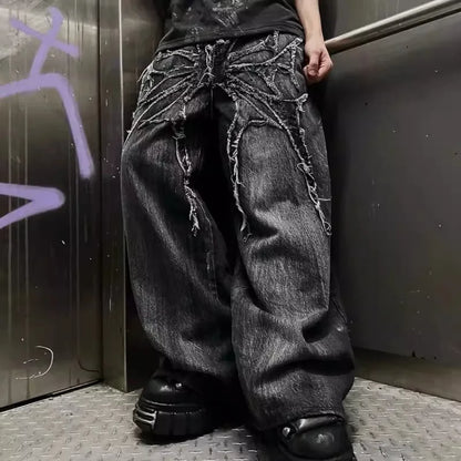 Street New Edge Embroidery Black Baggy Jeans Wide Leg Denim Pants Mens Y2K Harajuku Retro Graphic Patch Jeans Hip Hop Gothic Raw