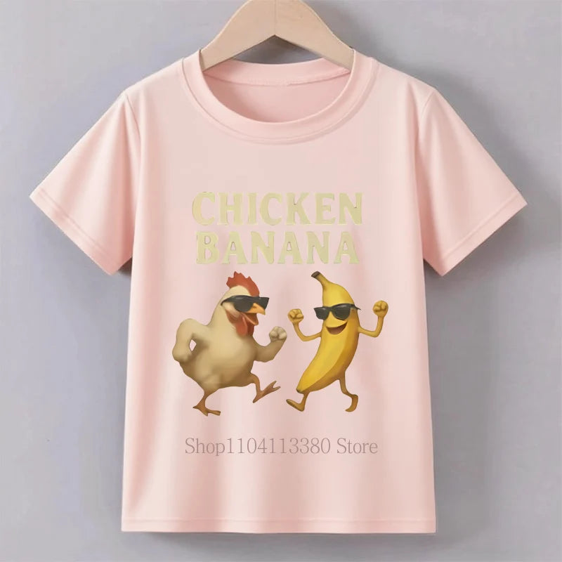 Banana Chicken Print Children T-shirts Summer Casual Fashion Funny Meme Short Sleeve Kids Tops Colorful O-Neck T-shirts