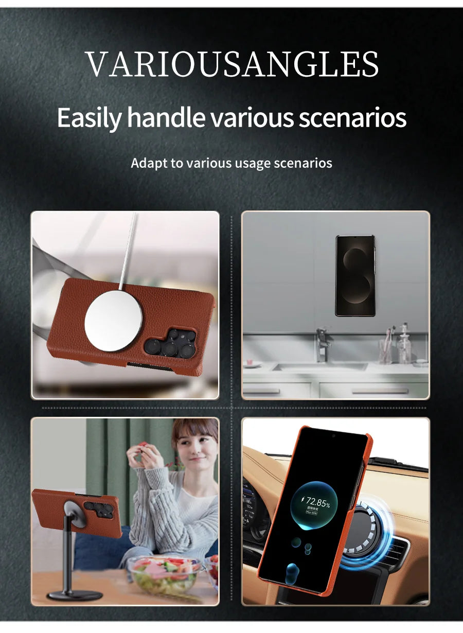 Magsafe Case Samsung - Genuine Cowhide Leather Magnetic Phone Protector for Galaxy S24 Ultra