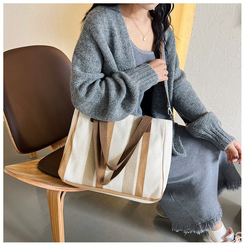 Striped Canvas Tote - Women's Crossbody Shoulder Bag With Zipper Closure, Versatile Daily Use