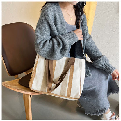 Striped Canvas Tote - Women's Crossbody Shoulder Bag With Zipper Closure, Versatile Daily Use