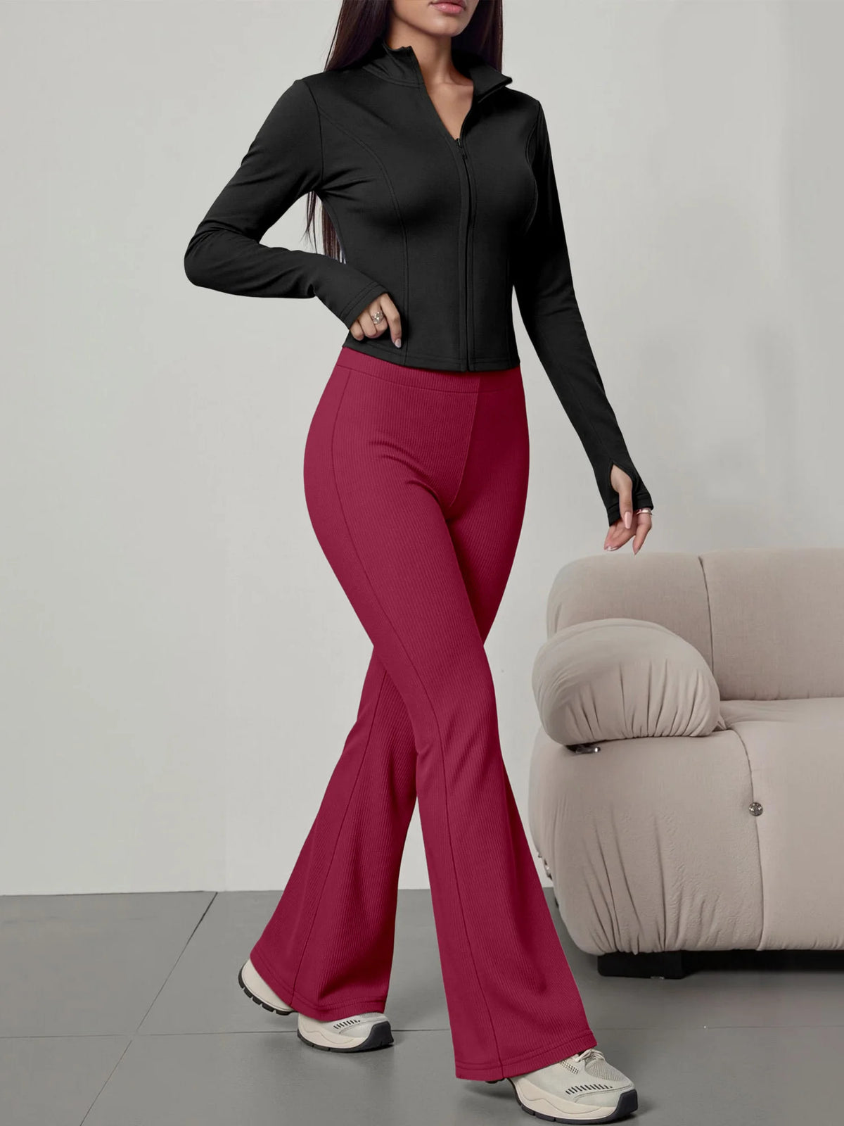 European American Women Ribbed Knit Two Piece Set, Long Sleeve Zip Top With High Waist Flare Pants, Casual Slim Daily Outfit