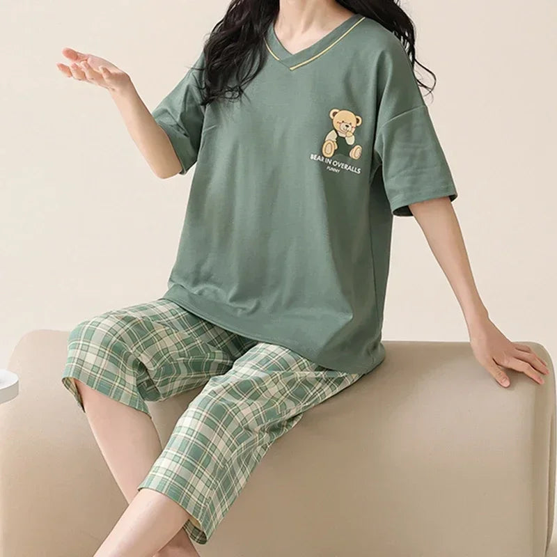 Summer Capris Pajamas for Women Plus Size 5XL Woman Causal Pajama Sets Cartoon Lapel Pijamas Cute Girl Soft Cotton Sleepwear