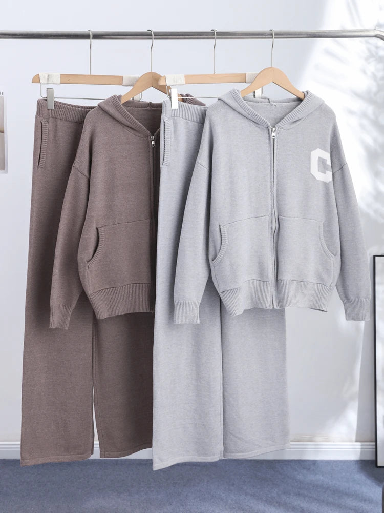 Jacket Tracksuit Two‑piece Set Knit Jacket Clothes Hooded Knit Woman Tracksuit Hooded Knit Coat Pants Trousers Women Clothes
