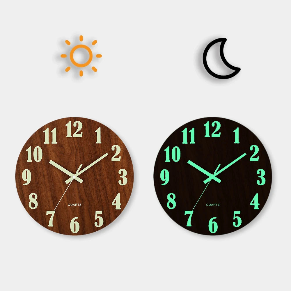 Luminous 12 Inch Silent Wall Clock - Nordic Wood Design with Night Light