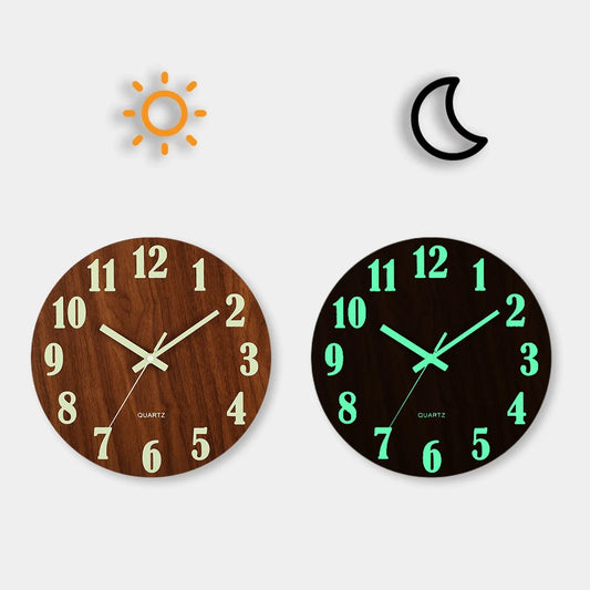 Luminous 12 Inch Silent Wall Clock - Nordic Wood Design with Night Light