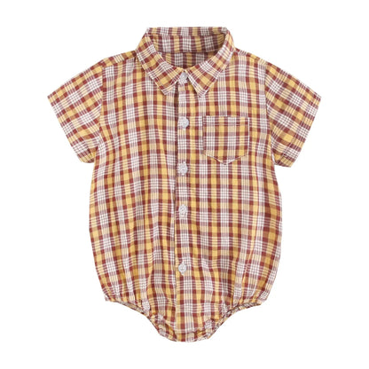 Baby Boys Bodysuit - Soft Cotton Fabric Summer Baby Bodysuit with Plaid Pattern