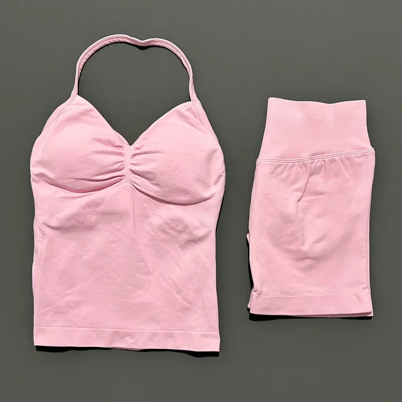 2Pcs HISTELLO Yoga Set Women Halter Tank Top Scrunch Butt Lifting Shorts Ruched Anti Chafe Quick Dry Gym Workout Sports Set