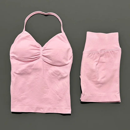 2Pcs HISTELLO Yoga Set Women Halter Tank Top Scrunch Butt Lifting Shorts Ruched Anti Chafe Quick Dry Gym Workout Sports Set