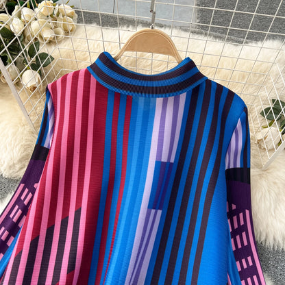 Miyake Pleated Drape Dress Women 2024 Spring Summer Colorblock Printing Lapel 3/4 Sleeve Single-breasted Fashion Shirt Dresses