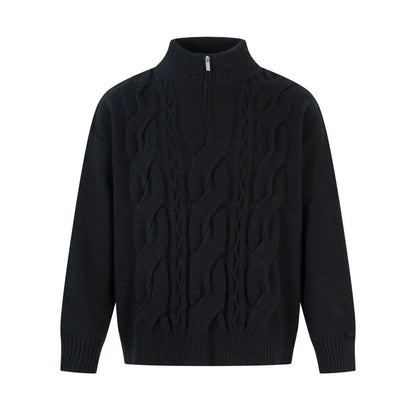Solid Color Jacquard Sweater Mens Autumn Winter Casual Loose Half Zipper Long Sleeve Sweater Man