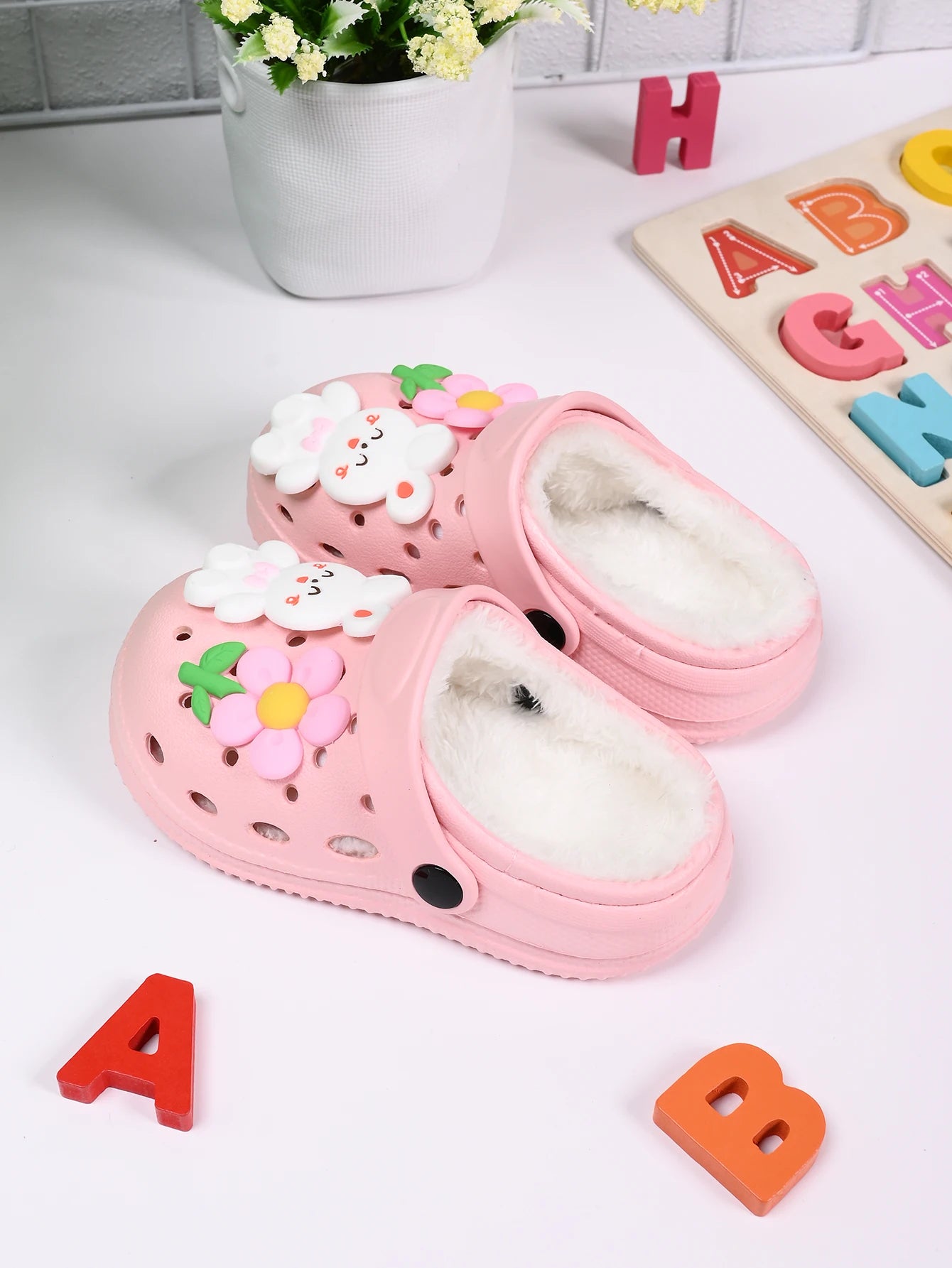 Children's Winter Slippers - Plush Rabbit Pink Girl Anti Slip Cotton Shoes