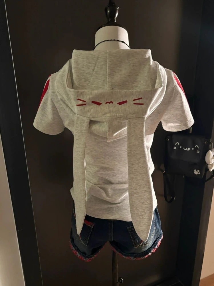 Japanese Cute Babes Slim Fit Cardigan Subculture Kawaii Ears Short Sleeve Hoodies Women Summer New Sweet Streetwear Grey Tops