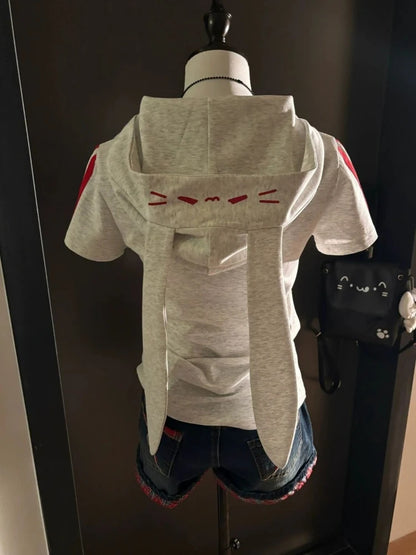 Japanese Cute Babes Slim Fit Cardigan Subculture Kawaii Ears Short Sleeve Hoodies Women Summer New Sweet Streetwear Grey Tops