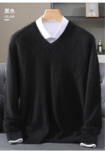 Men's 100% Pure Mink Cashmere Sweater V-neck Pullover Knit Bottoming Shirt Autumn And Winter New Long-Sleeve High-End Mink Tops