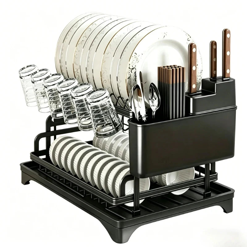 2-Tier Black Full Set Dish Drying Rack, 360° Rotating Drainboard with Utensil Holder, No-Drill Kitchen Organizer Gift