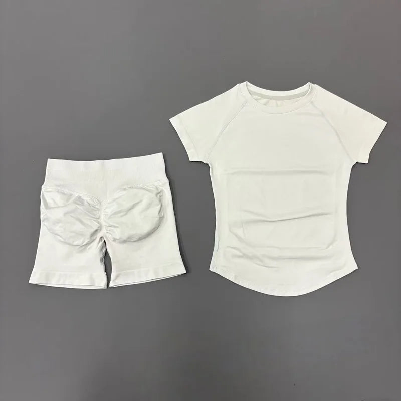 2 Pieces Sports Gym Sets Women Seamless Knitted Yoga Short Sleeve Top Fitness Set Workout Running Sports Short Leggings Suit