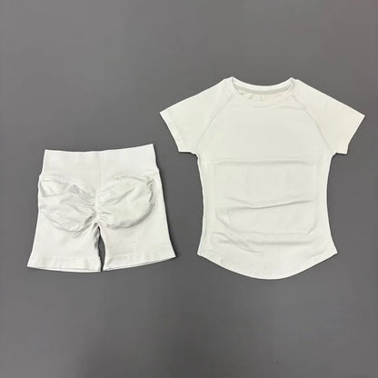 2 Pieces Sports Gym Sets Women Seamless Knitted Yoga Short Sleeve Top Fitness Set Workout Running Sports Short Leggings Suit