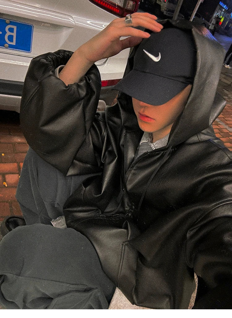 Mauroicardi Spring Autumn Short Oversized Black Soft Pu Leather Jacket Men with Hood Zipper Loose Casual Korean Fashion Clothes