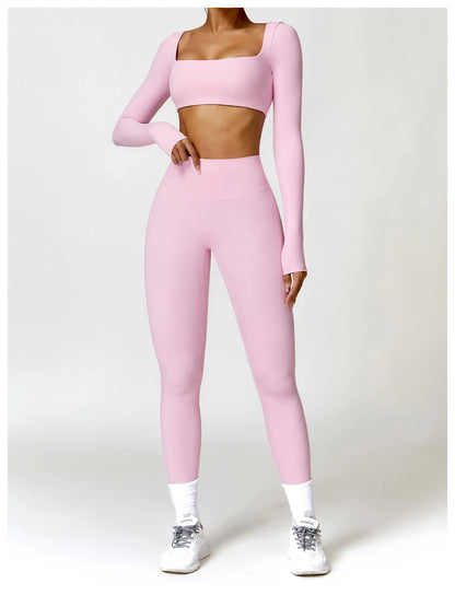 Women Yoga Suit - Quick Dry Gym Tracksuit With Long Sleeve Top & High Waist Leggings
