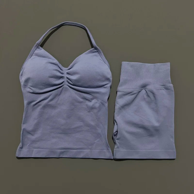 2Pcs HISTELLO Yoga Set Women Halter Tank Top Scrunch Butt Lifting Shorts Ruched Anti Chafe Quick Dry Gym Workout Sports Set