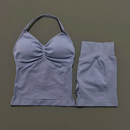 2Pcs HISTELLO Yoga Set Women Halter Tank Top Scrunch Butt Lifting Shorts Ruched Anti Chafe Quick Dry Gym Workout Sports Set